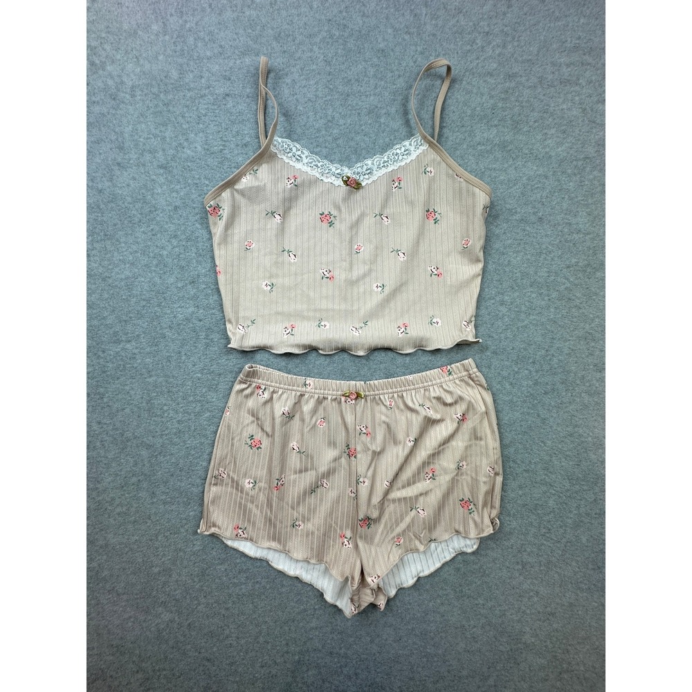 Tan Floral Ribbed Pajama Set Lace Trim Cami and Shorts Small